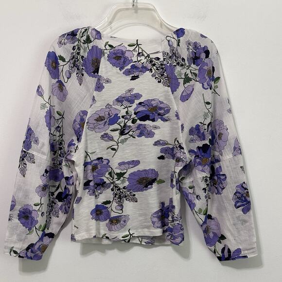 Anthropologie Blouse S V Neck Ruched Purple Floral Ballon Sleeve Boho Summer Top - Picture 10 of 11